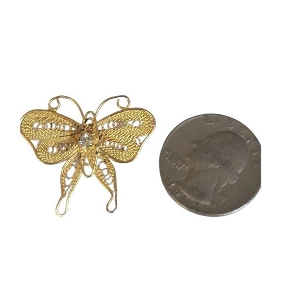 Vintage Mini Butterfly Pin Brooch  Gold Tone Filigree w/ Rhinestone 1.5" wide - Picture 2 of 3